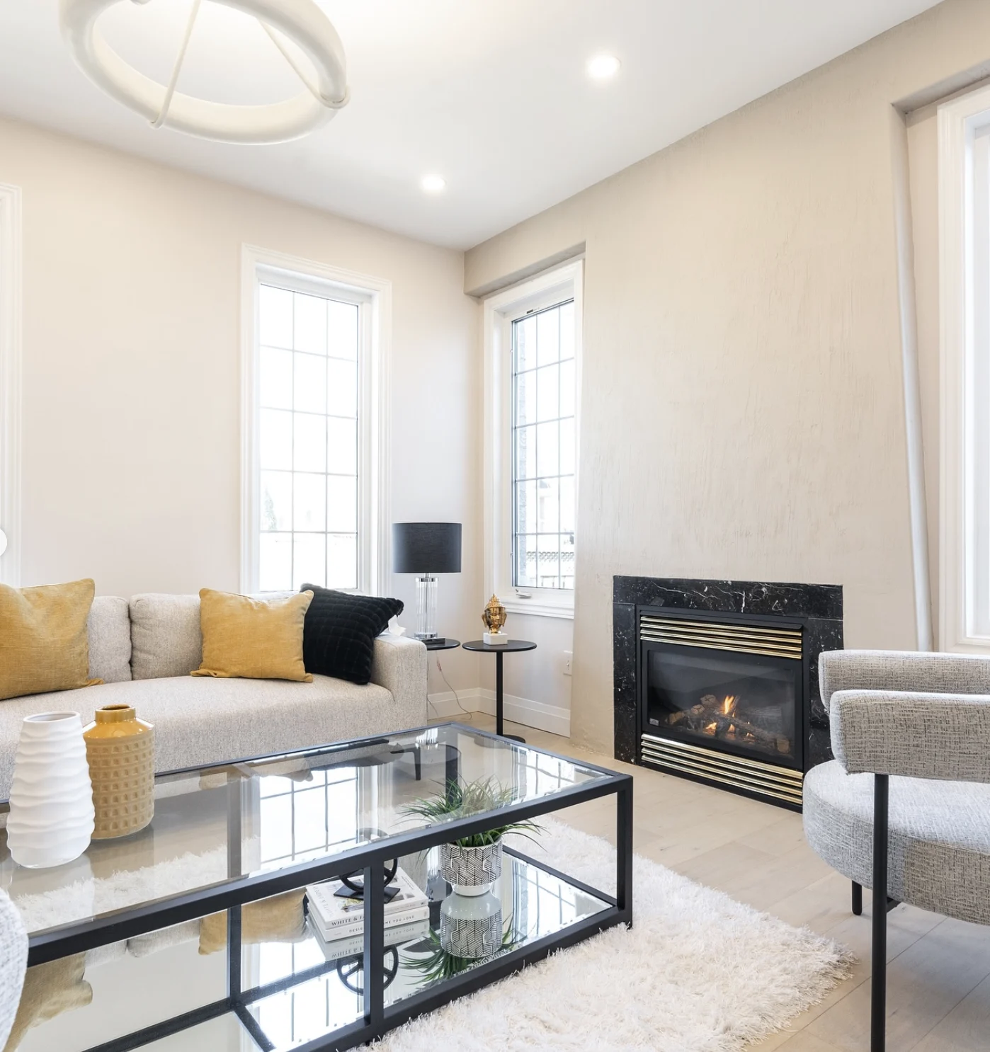 Modern living room with fireplace and comfortable seating