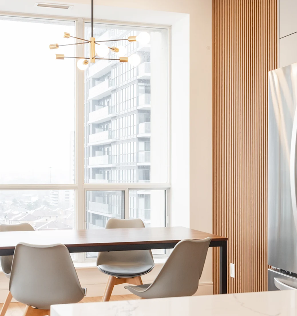 Luxury condo space with modern kitchen and open-concept living area